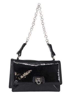 Salvatore Ferragamo Chain Gancini Shoulder Bag Enamel Black Silver